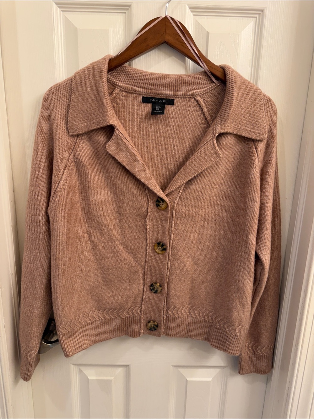 Tahari Dusty Rose Button-Front Collar Cardigan Sweater